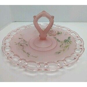 Lancaster Depression Pink Frosted Hand Painted Lace Serving Tray W/Center Handle